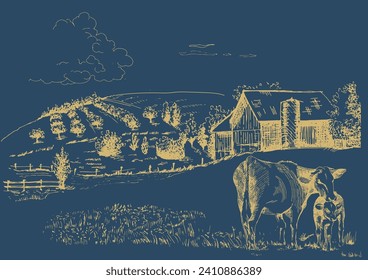 Panorama of countryside landscape with cow and calf. Pen sketch converted to vector drawing
