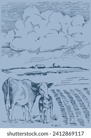 Panorama of countryside landscape with cow and calf. Pen sketch converted to vector drawing