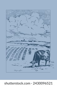 Panorama of countryside landscape with cow and calf. Pen sketch converted to vector drawing
