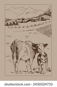 Panorama of countryside landscape with cow and calf. Pen sketch converted to vector drawing
