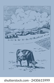 Panorama of countryside landscape with cow and calf. Pen sketch converted to vector drawing
