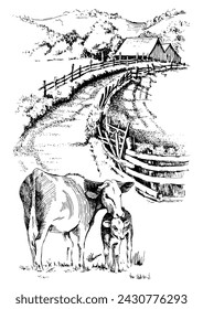 Panorama of countryside landscape with cow and calf. Pen sketch converted to vector drawing
