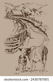 Panorama of countryside landscape with cow and calf. Pen sketch converted to vector drawing
