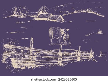 Panorama of countryside landscape with cow. Pen sketch converted to vector drawing