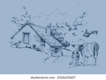 Panorama of countryside landscape with cow. Pen sketch converted to vector drawing