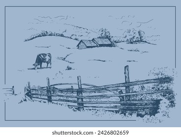 Panorama of countryside landscape with cow. Pen sketch converted to vector drawing