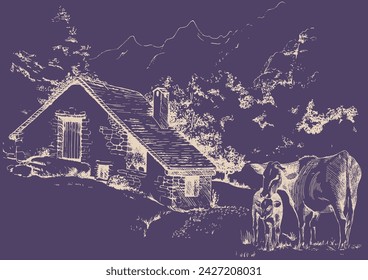 Panorama of countryside landscape with cow. Pen sketch converted to vector drawing