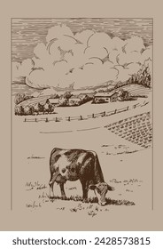Panorama of countryside landscape with cow. Pen sketch converted to vector drawing
