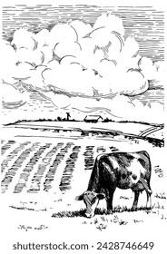 Panorama of countryside landscape with cow. Pen sketch converted to vector drawing
