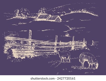 Panorama of countryside landscape with Pets. Pen sketch converted to vector drawing
