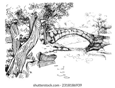 Panorama of countryside landscape with river and bridge. Pen sketch converted to vector drawing
