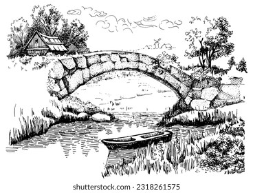 Panorama of countryside landscape with river and bridge. Pen sketch converted to vector drawing
