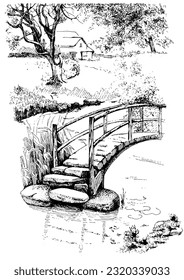 Panorama of countryside landscape with river and bridge. Pen sketch converted to vector drawing
