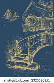 Panorama of countryside landscape with river and bridge. Pen sketch converted to vector drawing
