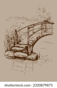 Panorama of countryside landscape with river and bridge. Pen sketch converted to vector drawing
