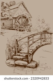 Panorama of countryside landscape with river and bridge. Pen sketch converted to vector drawing
