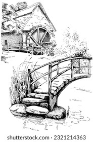 Panorama of countryside landscape with river and bridge. Pen sketch converted to vector drawing
