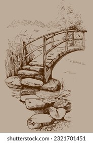 Panorama of countryside landscape with river and bridge. Pen sketch converted to vector drawing
