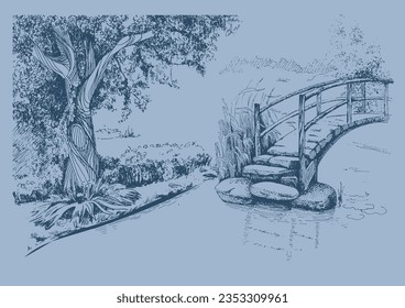 Panorama of countryside landscape with river and bridge. Pen sketch converted to vector drawing
