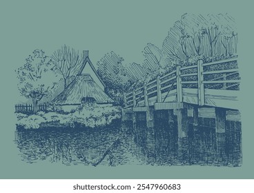 Panorama of countryside landscape with river and bridge. Pen sketch converted to vector drawing
