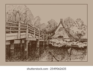 Panorama of countryside landscape with river and bridge. Pen sketch converted to vector drawing
