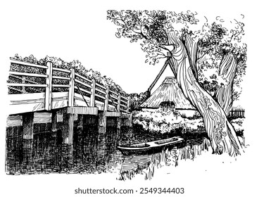 Panorama of countryside landscape with river and bridge. Pen sketch converted to vector drawing
