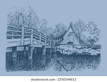 Panorama of countryside landscape with river and bridge. Pen sketch converted to vector drawing
