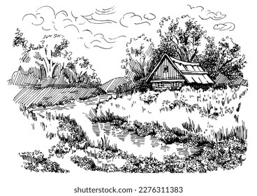 Panorama of countryside landscape with river. Pen sketch converted to vector drawing