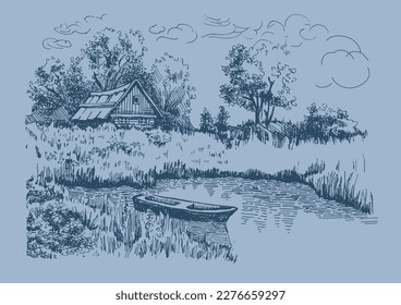 Panorama of countryside landscape with river. Pen sketch converted to vector drawing