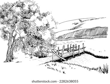 Panorama of countryside landscape with river. Pen sketch converted to vector drawing
