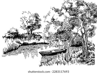 Panorama of countryside landscape with river. Pen sketch converted to vector drawing
