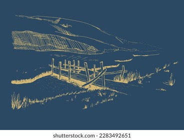 Panorama of countryside landscape with river. Pen sketch converted to vector drawing
