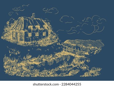 Panorama of countryside landscape with river. Pen sketch converted to vector drawing
