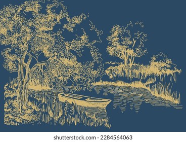 Panorama of countryside landscape with river. Pen sketch converted to vector drawing
