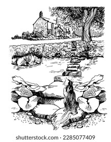 Panorama of countryside landscape with river. Pen sketch converted to vector drawing