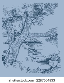 Panorama of countryside landscape with river. Pen sketch converted to vector drawing
