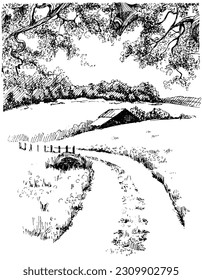 Panorama of countryside landscape with river. Pen sketch converted to vector drawing
