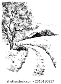 Panorama of countryside landscape with river. Pen sketch converted to vector drawing
