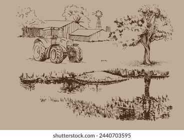 Panorama of countryside landscape with river. Pen sketch converted to vector drawing
