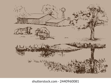 Panorama of countryside landscape with river. Pen sketch converted to vector drawing
