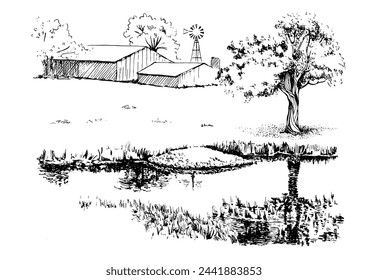 Panorama of countryside landscape with river. Pen sketch converted to vector drawing