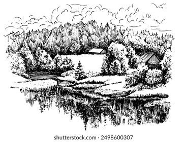 Panorama of countryside landscape with river. Pen sketch converted to vector drawing
