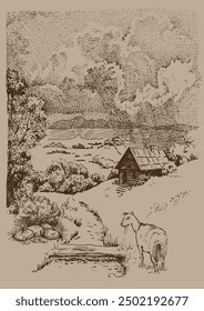 Panorama of countryside landscape with river. Pen sketch converted to vector drawing
