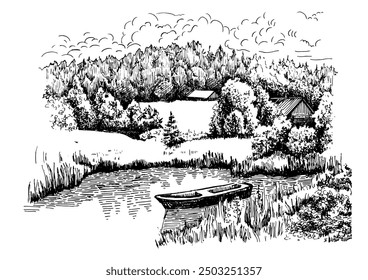 Panorama of countryside landscape with river. Pen sketch converted to vector drawing
