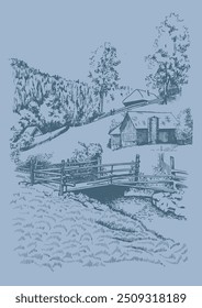 Panorama of countryside landscape with river. Pen sketch converted to vector drawing