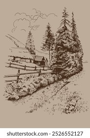 Panorama of countryside landscape with river. Pen sketch converted to vector drawing