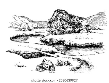 Panorama of countryside landscape with river. Pen sketch converted to vector drawing