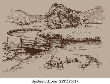 Panorama of countryside landscape with river. Pen sketch converted to vector drawing