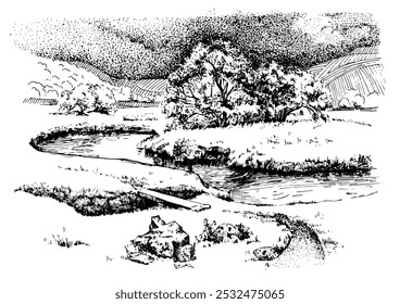 Panorama of countryside landscape with river. Pen sketch converted to vector drawing