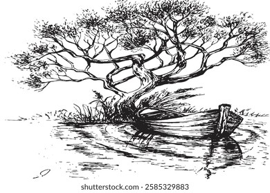 Panorama of countryside landscape with river. Pen sketch converted to vector drawing
